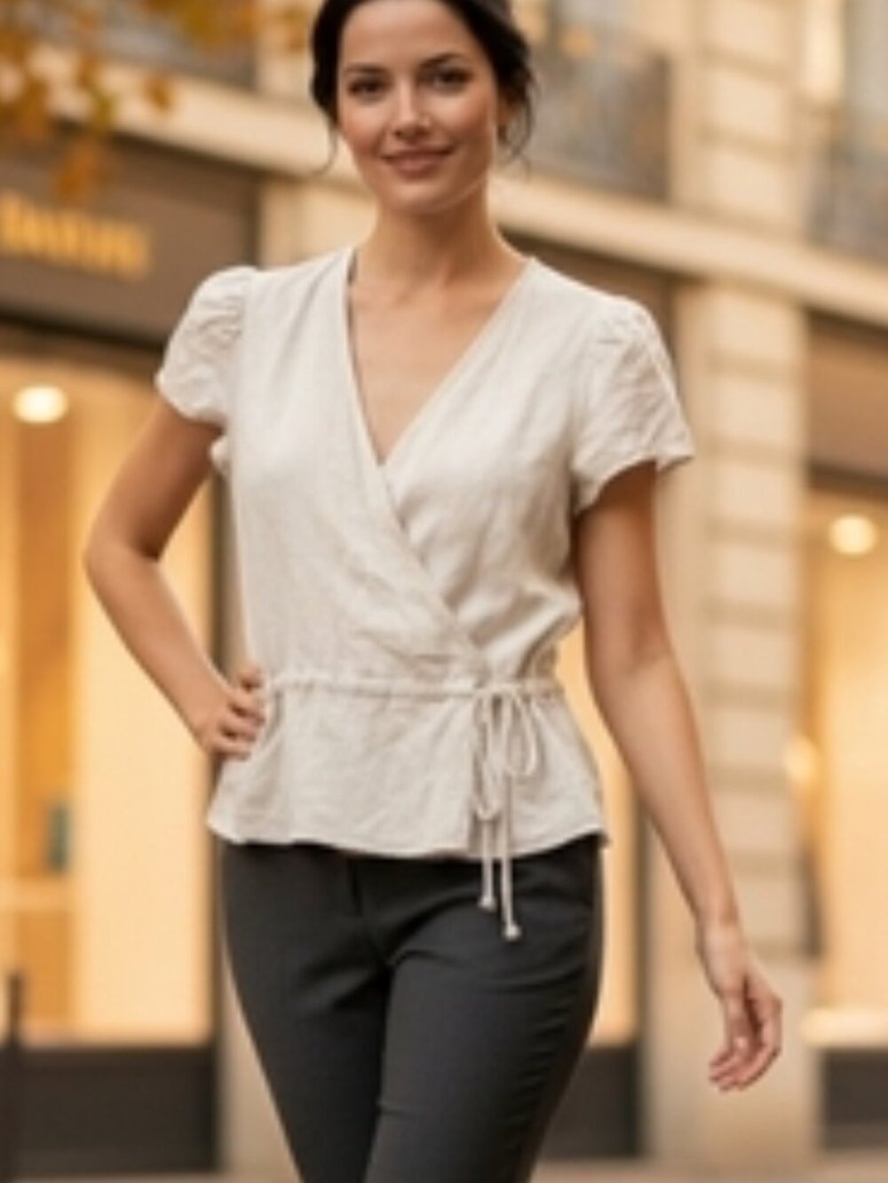 Cloth & Stone SZ XS Linen Blend Short Sleeve Wrap Peplum Top Beige Peasant